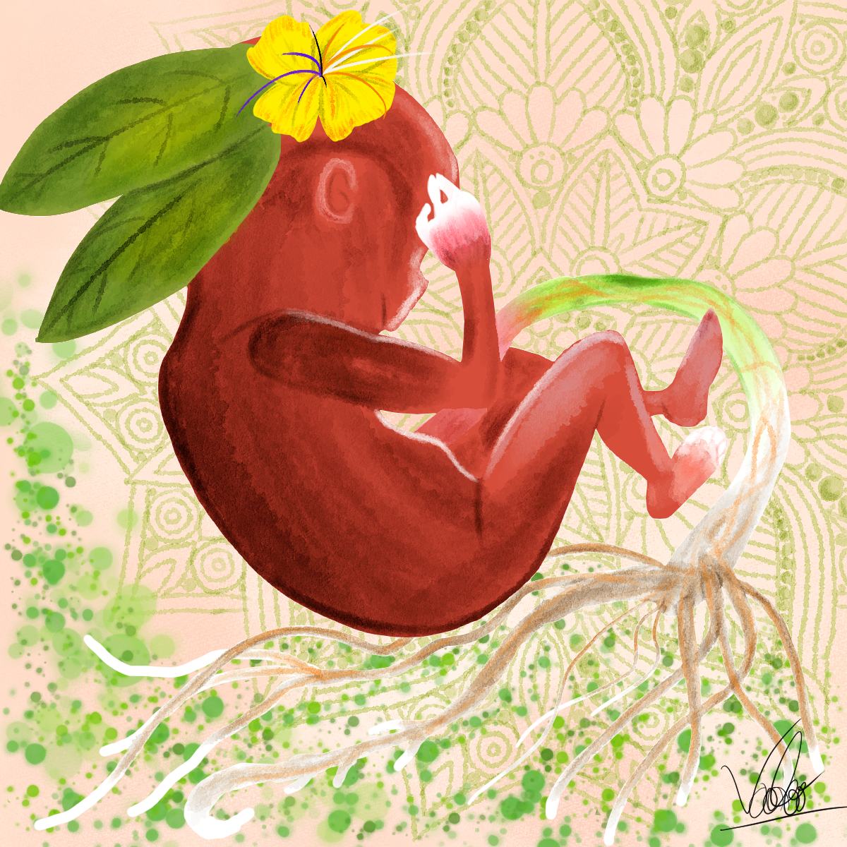 Digitales Artwork – eine rote Figur sitzt auf einem roten Apfel mit gelber Blüte, umgeben von grünem Blattwerk und dekorativem Hintergrund