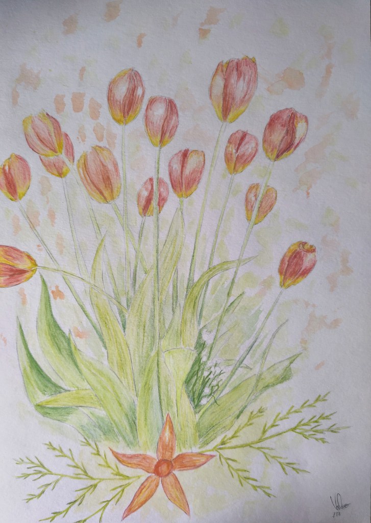 Aquarell – Tulpenstrauß in warmen Rot- und Orangetönen mit grünem Blattwerk