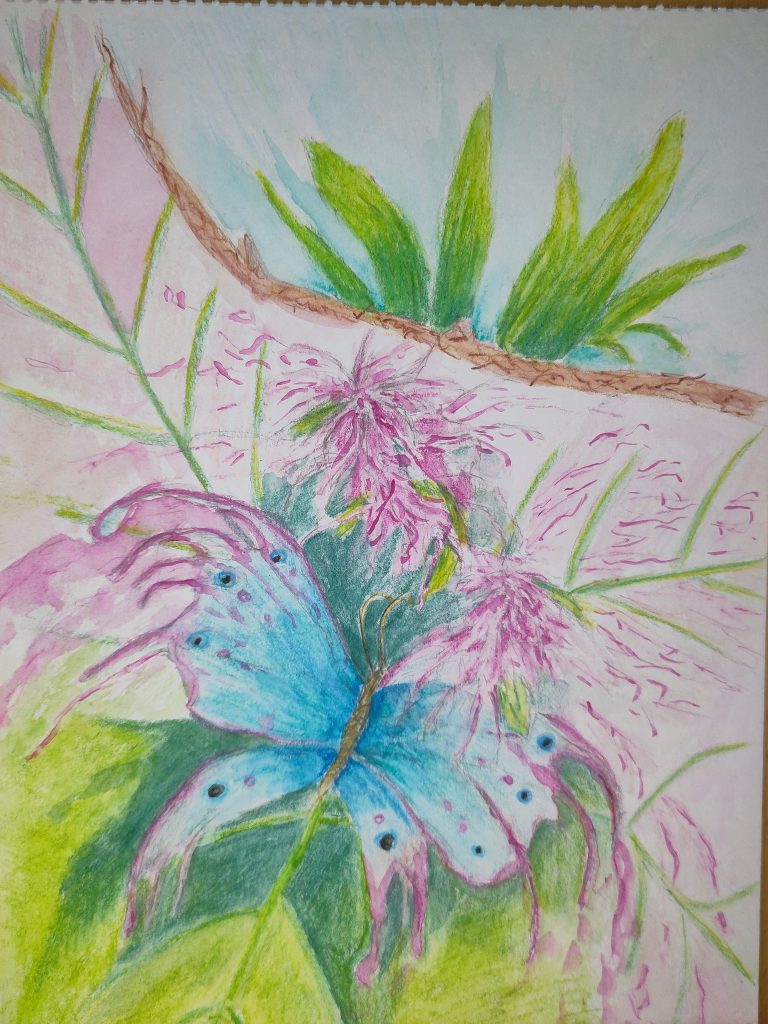 Aquarell – blauer Schmetterling auf rosa Blüten mit leuchtendem Grün